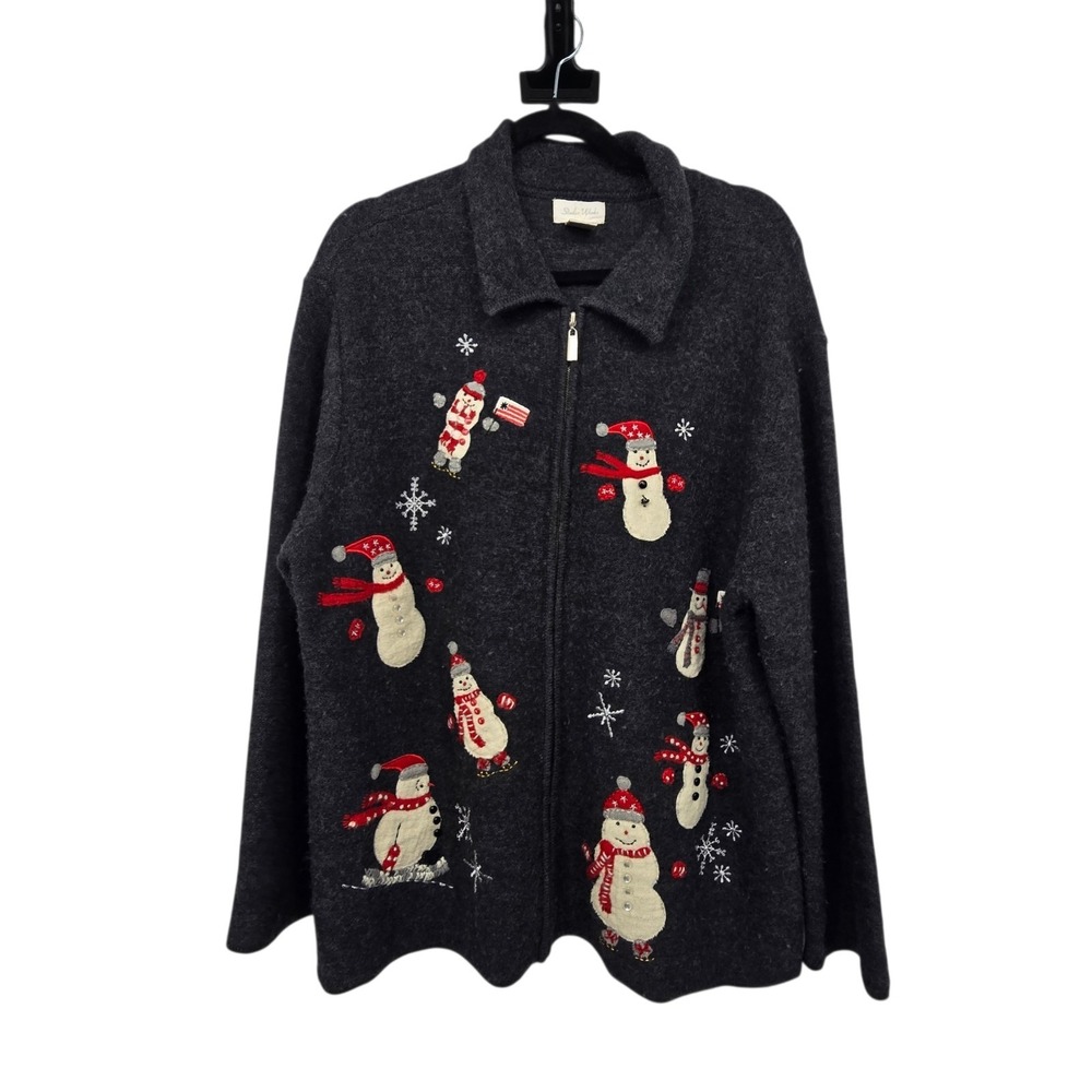 Vintage 90s Wool Skiing Snowman Sweater Cardigan Women MED Gray Flags Embroidery